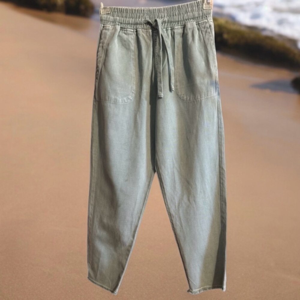 Zara Khaki Denim Smocked High Rise Raw Hem Cotton Blend Ankle Lightweight Pants